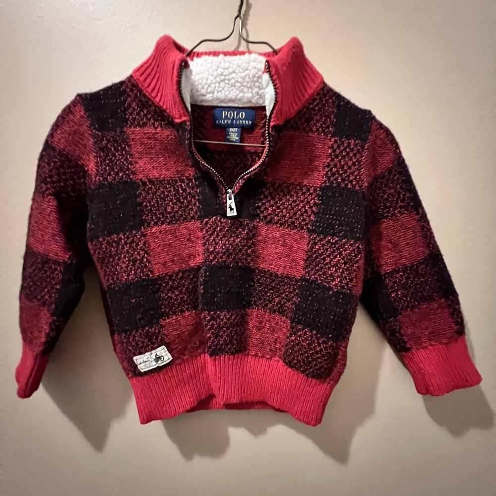 Polo Ralph Lauren Toddler Sweater 2T Red Black Buffalo Plaid Quarter Zip Cabin